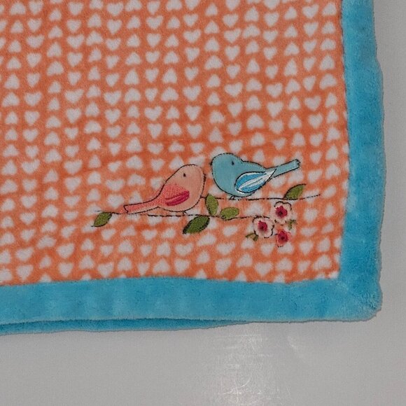 Absorba Birds Fleece Baby Blanket Lovey Coral Orange White Hearts Blue Trim - Picture 1 of 8